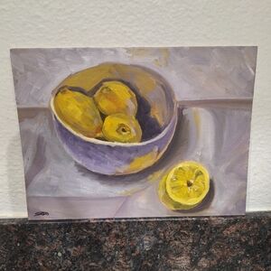 Painting Of Lemons On Canvas Panel Vtg